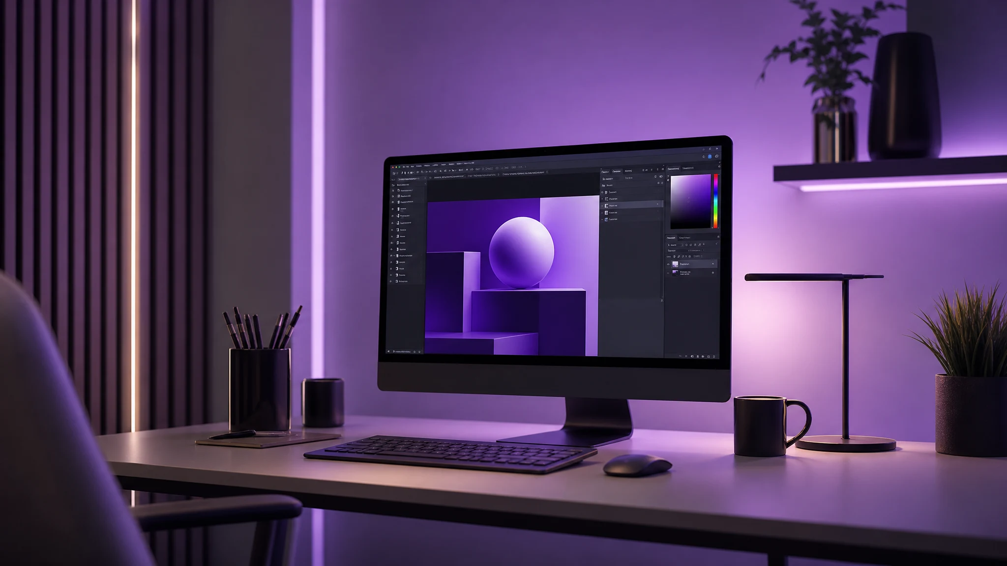 Estación de diseño con luz morada y una composición gráfica en pantalla