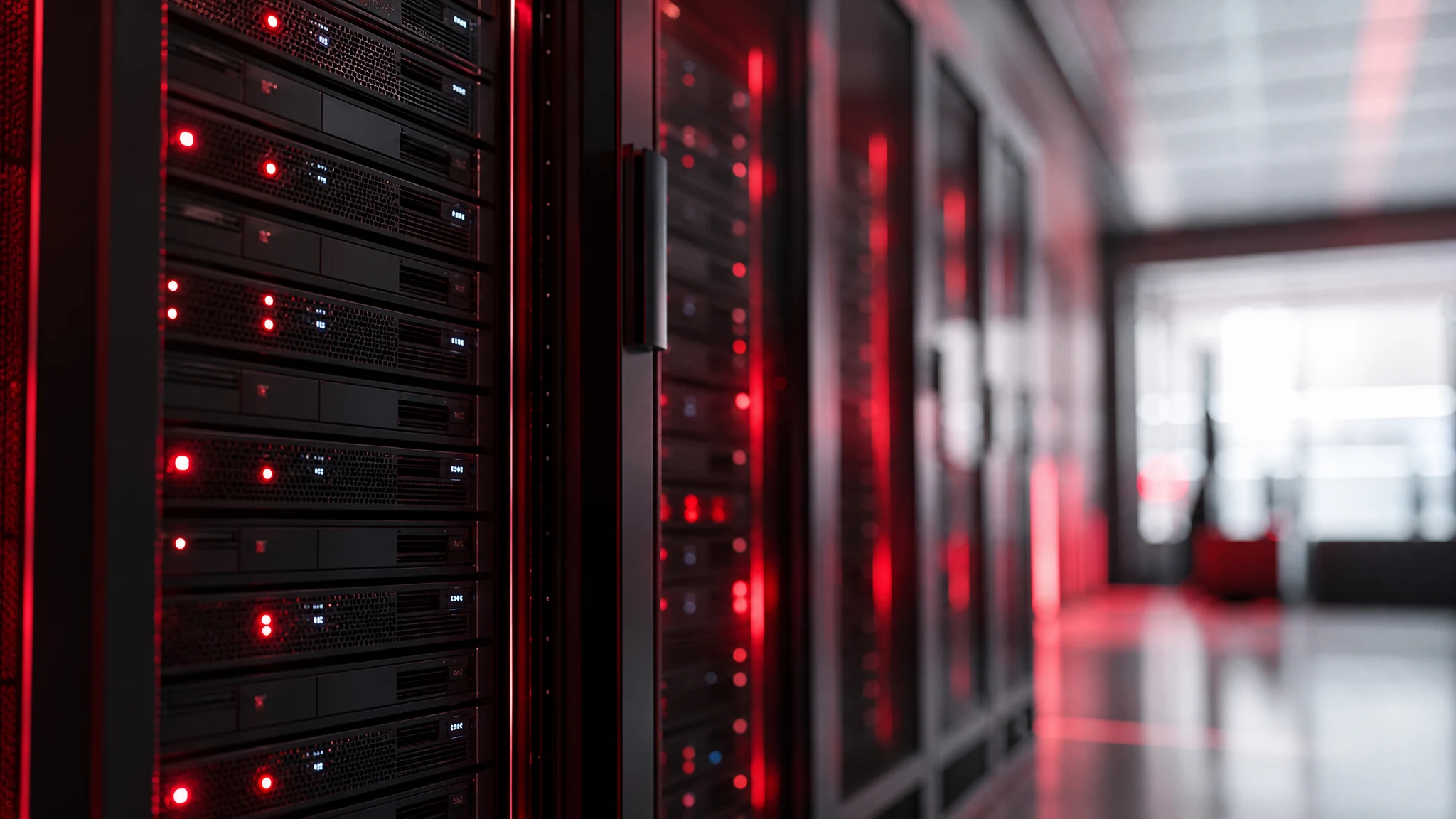 Pasillo de un centro de datos con servidores iluminados en rojo